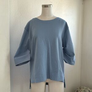 Athleta Hi Low Cinch Sleeve Tee Top Dusty Blue Cotton Blend Crew Neck